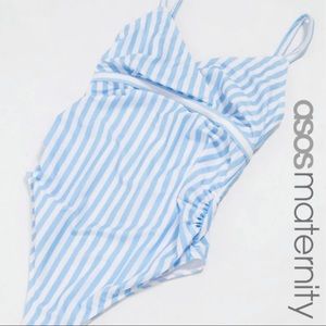 Maternity wrap front swimsuit in blue stripe